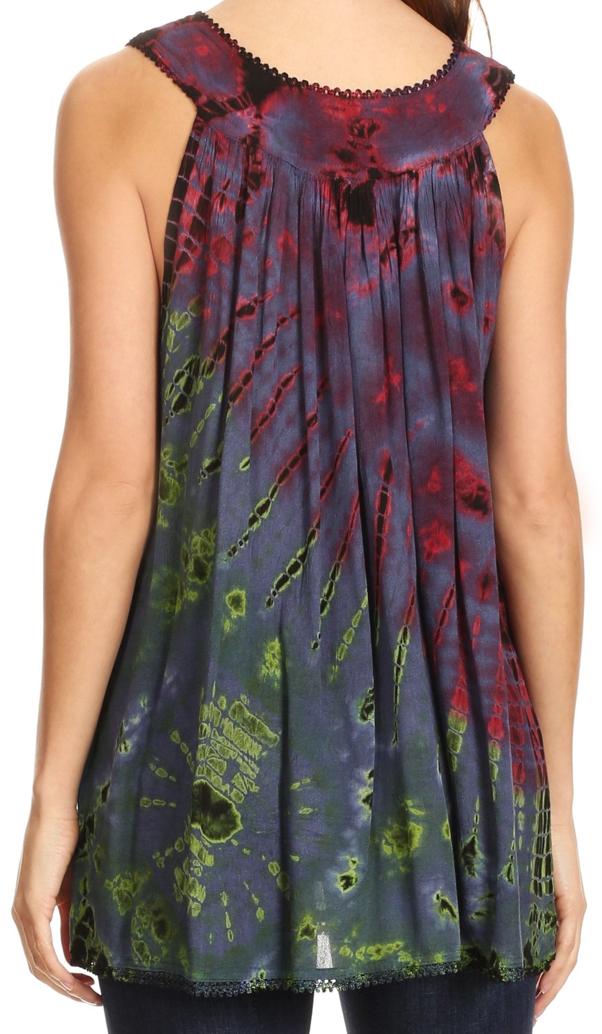 Sakkas Sana Tie Dye Sleeveless Embroidered V-Neck Tank Tunic Top Blouse / Cover Up