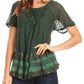 Sakkas Diane Short Sleeve Slim Top Blouse with Sequin Embroidery & Golden Print