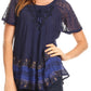 Sakkas Diane Short Sleeve Slim Top Blouse with Sequin Embroidery & Golden Print