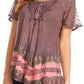 Sakkas Diane Short Sleeve Slim Top Blouse with Sequin Embroidery & Golden Print