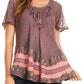 Sakkas Diane Short Sleeve Slim Top Blouse with Sequin Embroidery & Golden Print