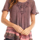 Sakkas Diane Short Sleeve Slim Top Blouse with Sequin Embroidery & Golden Print