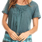Sakkas Diane Short Sleeve Slim Top Blouse with Sequin Embroidery & Golden Print