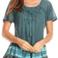 Sakkas Diane Short Sleeve Slim Top Blouse with Sequin Embroidery & Golden Print