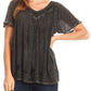 Sakkas Emma Crinkle V-neck Short Sleeve Top Blouse with Embroidery and Sequin