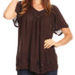 Sakkas Emma Crinkle V-neck Short Sleeve Top Blouse with Embroidery and Sequin