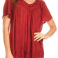 Sakkas Emma Crinkle V-neck Short Sleeve Top Blouse with Embroidery and Sequin