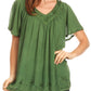 Sakkas Emma Crinkle V-neck Short Sleeve Top Blouse with Embroidery and Sequin