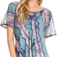 Sakkas Valencia Tie Dye Sheer Cap Sleeve Embellished Drawstring Scoop Neck Top