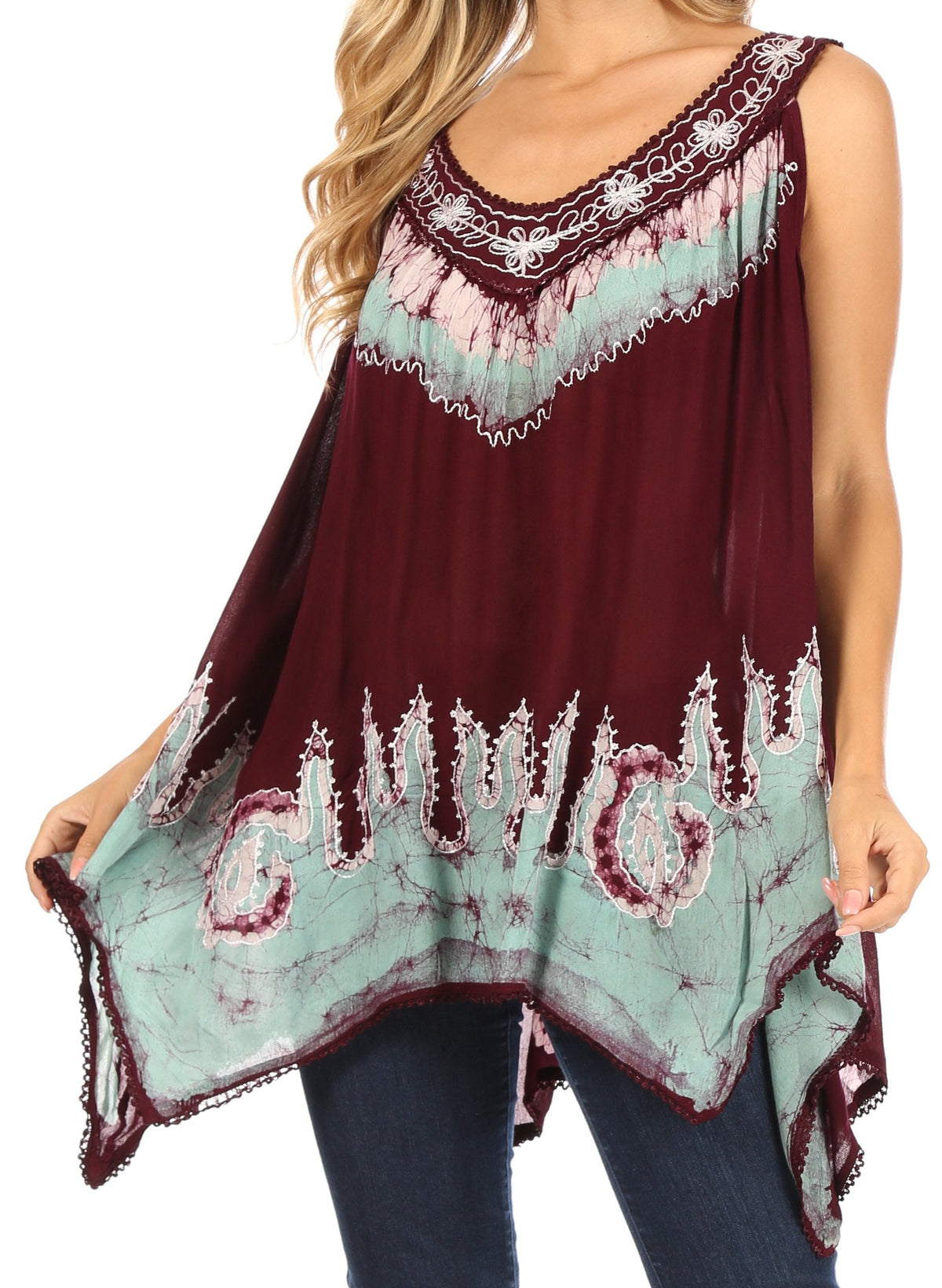 Camiseta sin mangas con cuello de pico, bordado y bajo asimétrico Sakkas Gaia