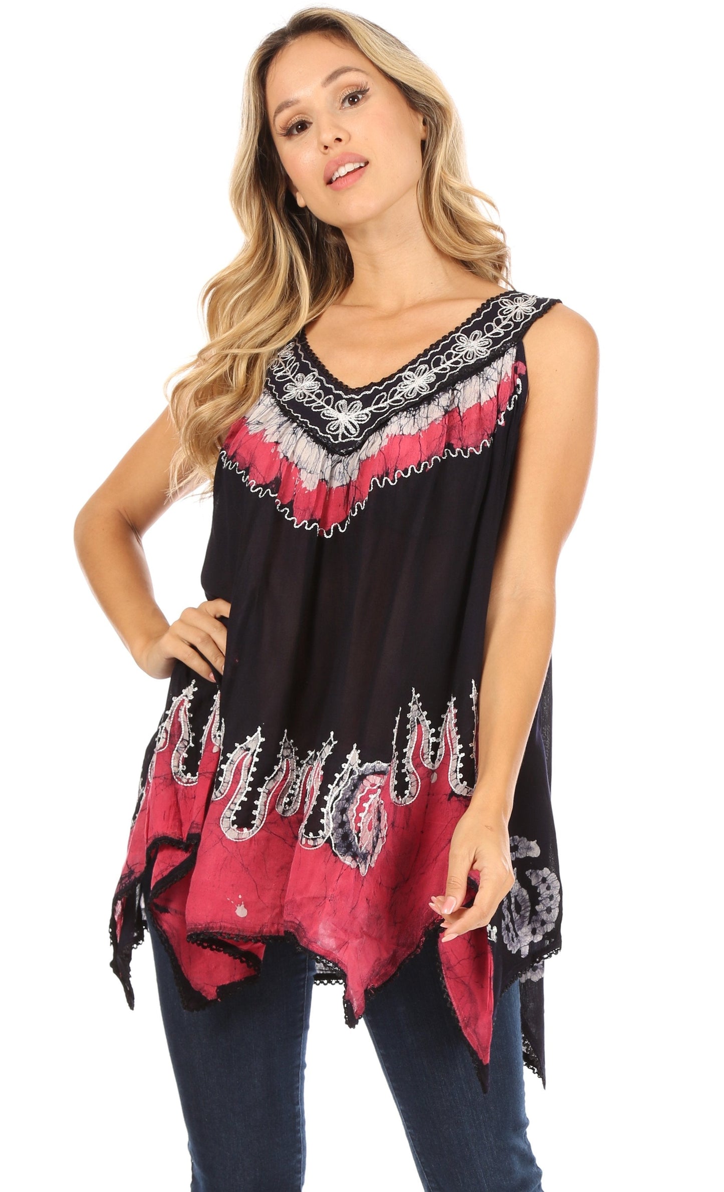 Camiseta sin mangas con cuello de pico, bordado y bajo asimétrico Sakkas Gaia