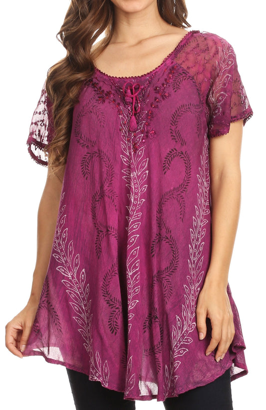 Sakkas Amanda Blusa Casual de Verano Fluida con Bordados y Corsé Efecto Lavado a la Piedra