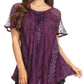 Sakkas Amanda Flowy Summer Casual Blouse Top Stonewashed with Embroidery & Corset