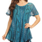 Sakkas Amanda Flowy Summer Casual Blouse Top Stonewashed with Embroidery & Corset
