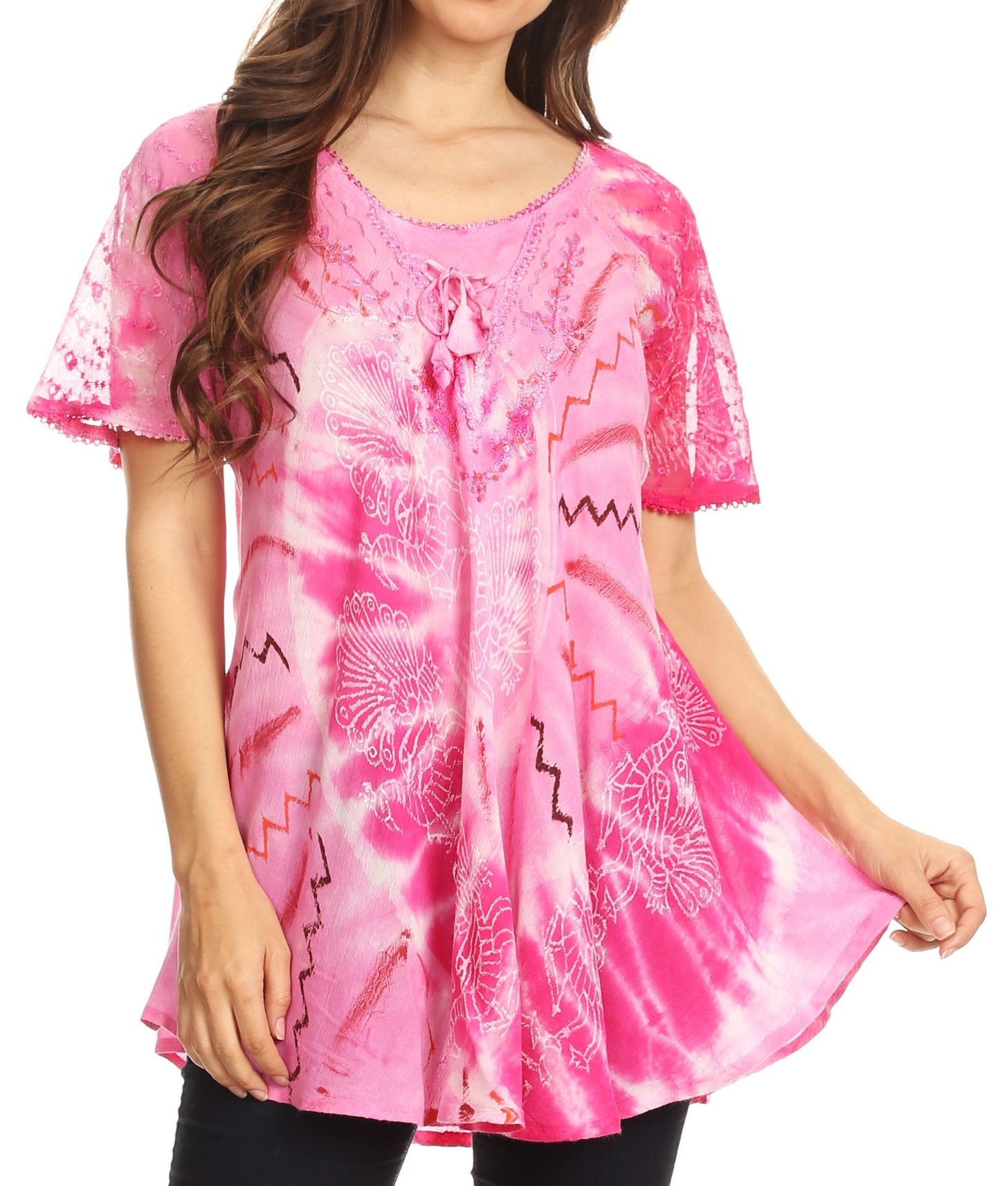 Sakkas Hira Women Short Sleeve Eyelet Lace Blouse Top in Tie-dye with Corset Flowy