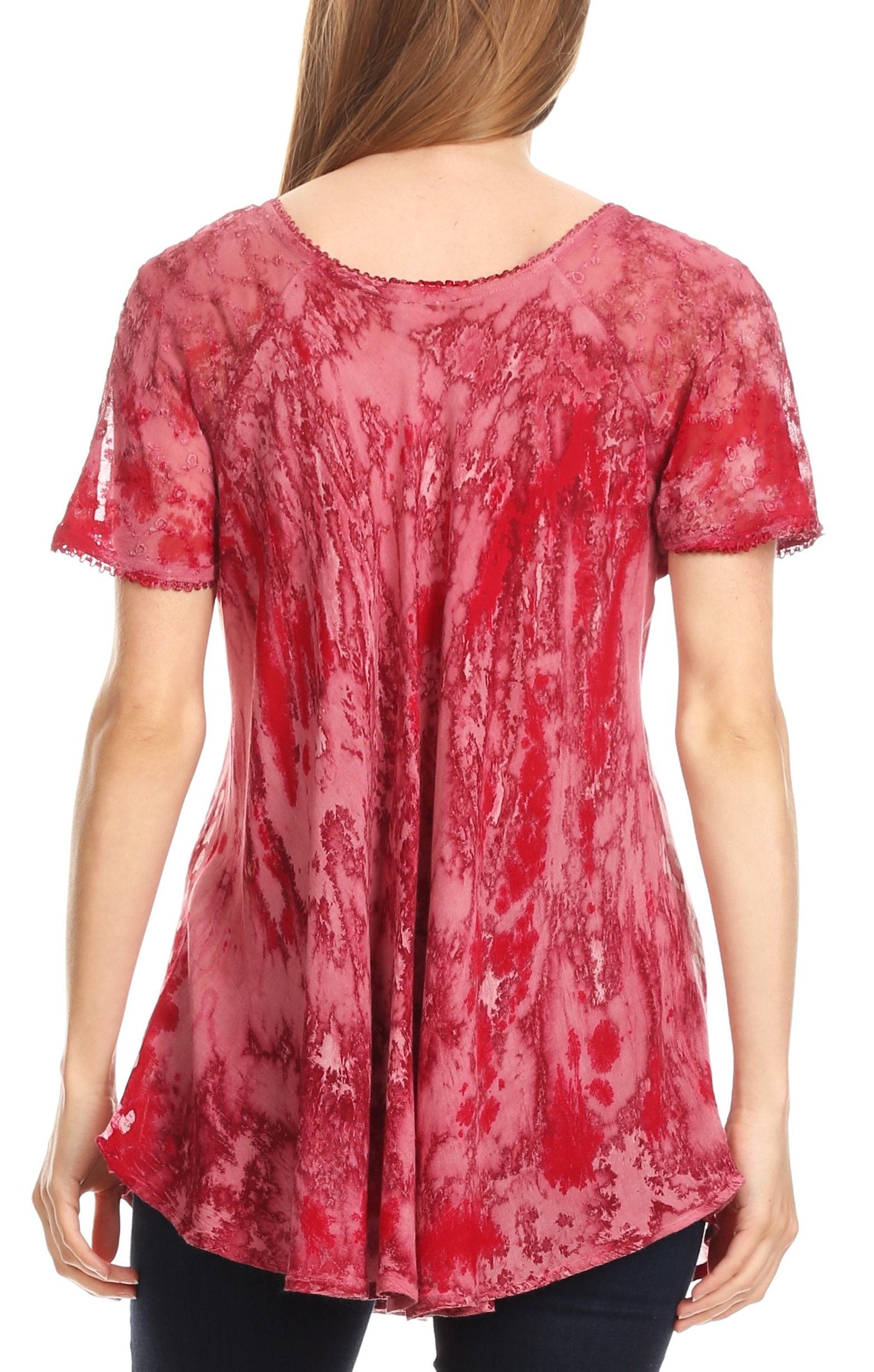 Sakkas Sara Blusa de Manga Corta Estilo Campesino Fluida para Mujer con Bordado Tie-Dye Batik