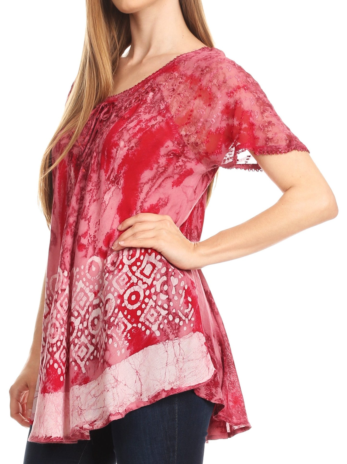 Sakkas Sara Blusa de Manga Corta Estilo Campesino Fluida para Mujer con Bordado Tie-Dye Batik