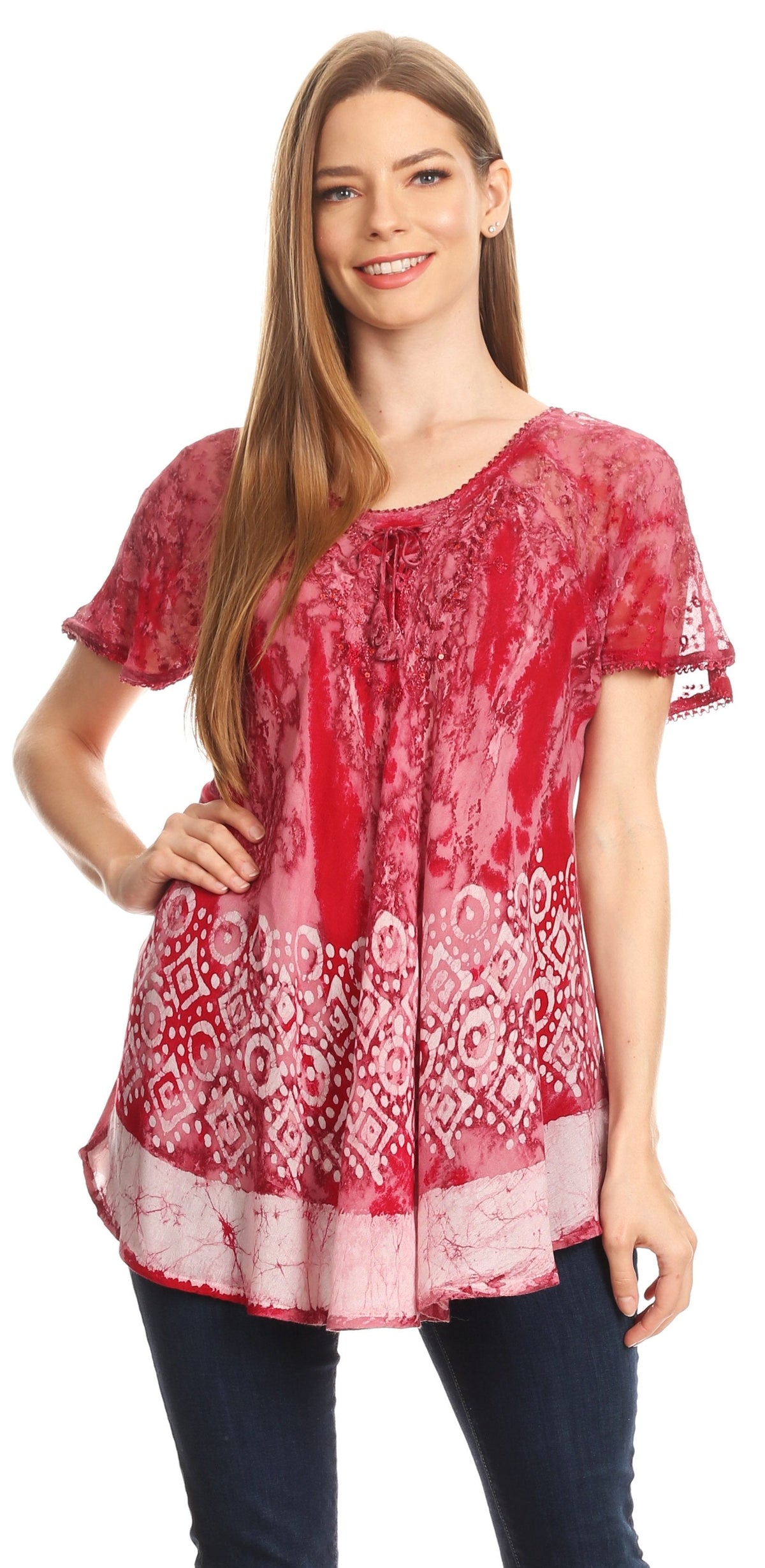Sakkas Sara Blusa de Manga Corta Estilo Campesino Fluida para Mujer con Bordado Tie-Dye Batik
