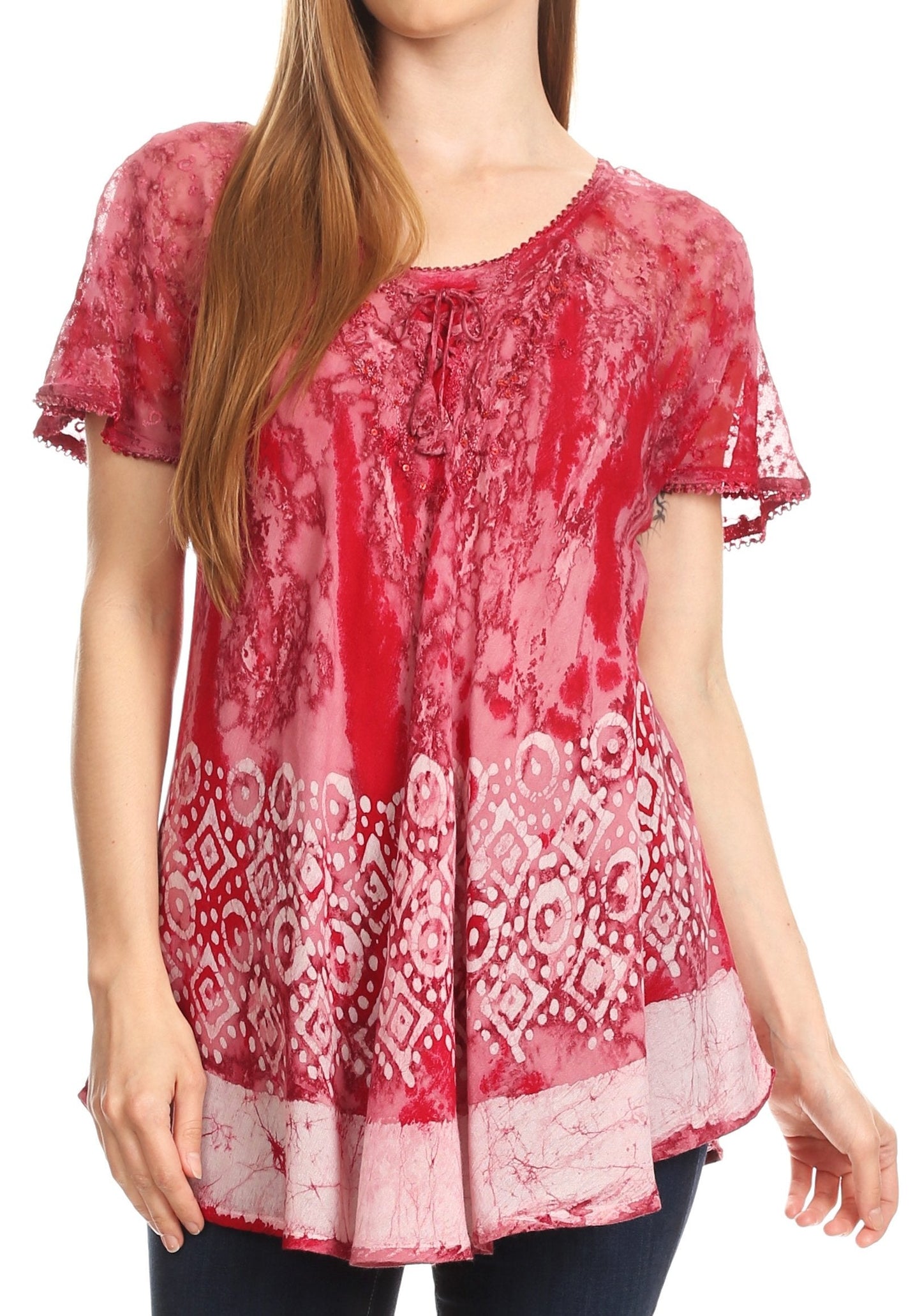 Sakkas Sara Blusa de Manga Corta Estilo Campesino Fluida para Mujer con Bordado Tie-Dye Batik