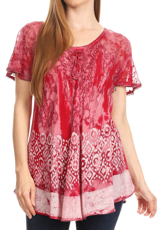 Sakkas Sara Blusa de Manga Corta Estilo Campesino Fluida para Mujer con Bordado Tie-Dye Batik
