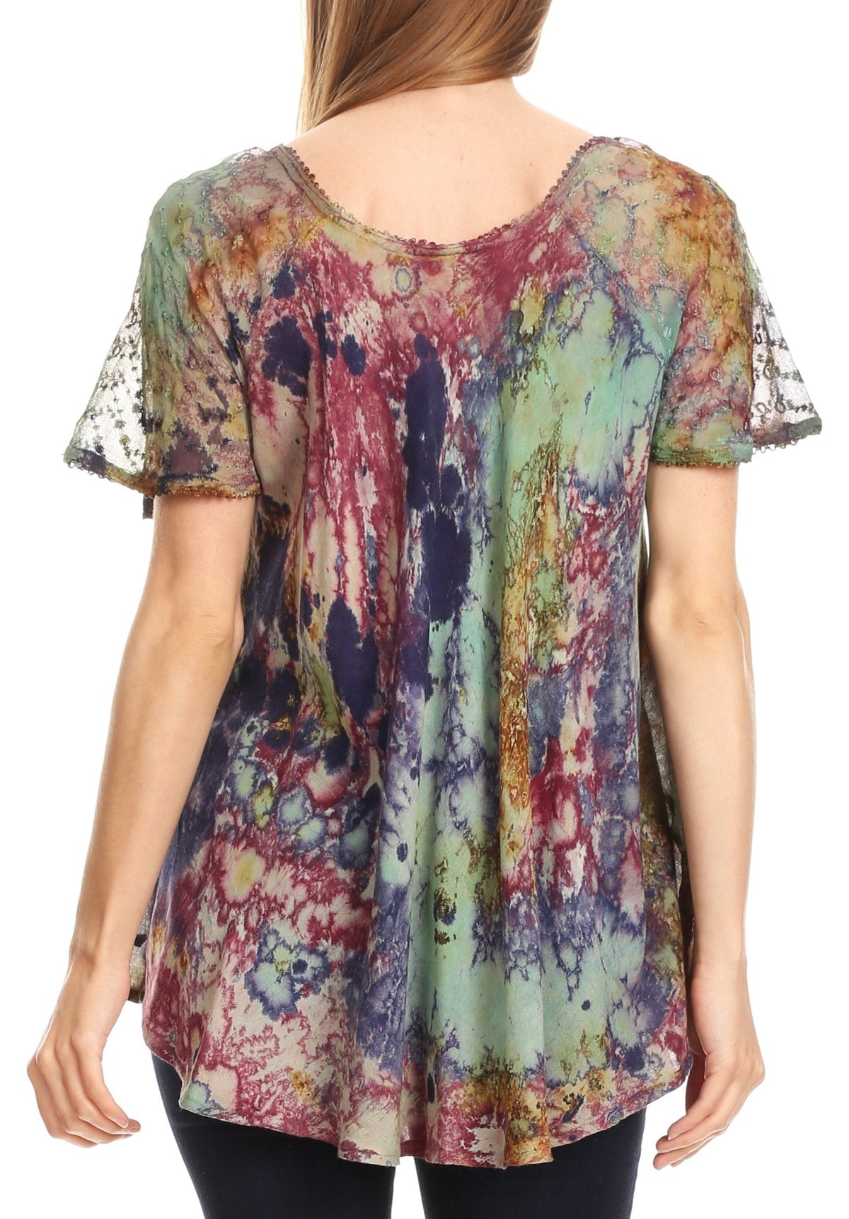 Sakkas Sara Blusa de Manga Corta Estilo Campesino Fluida para Mujer con Bordado Tie-Dye Batik