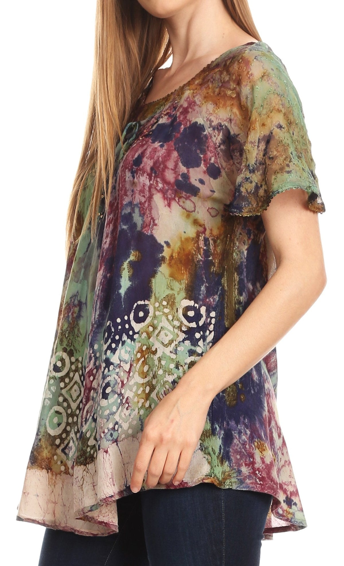 Sakkas Sara Blusa de Manga Corta Estilo Campesino Fluida para Mujer con Bordado Tie-Dye Batik