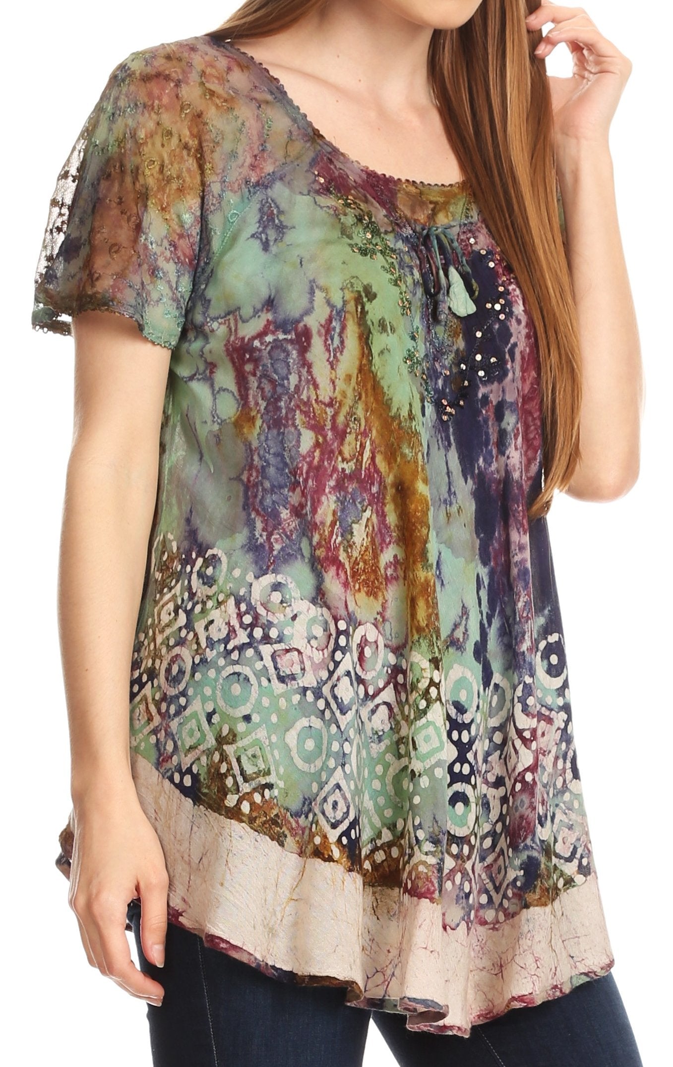 Sakkas Sara Blusa de Manga Corta Estilo Campesino Fluida para Mujer con Bordado Tie-Dye Batik
