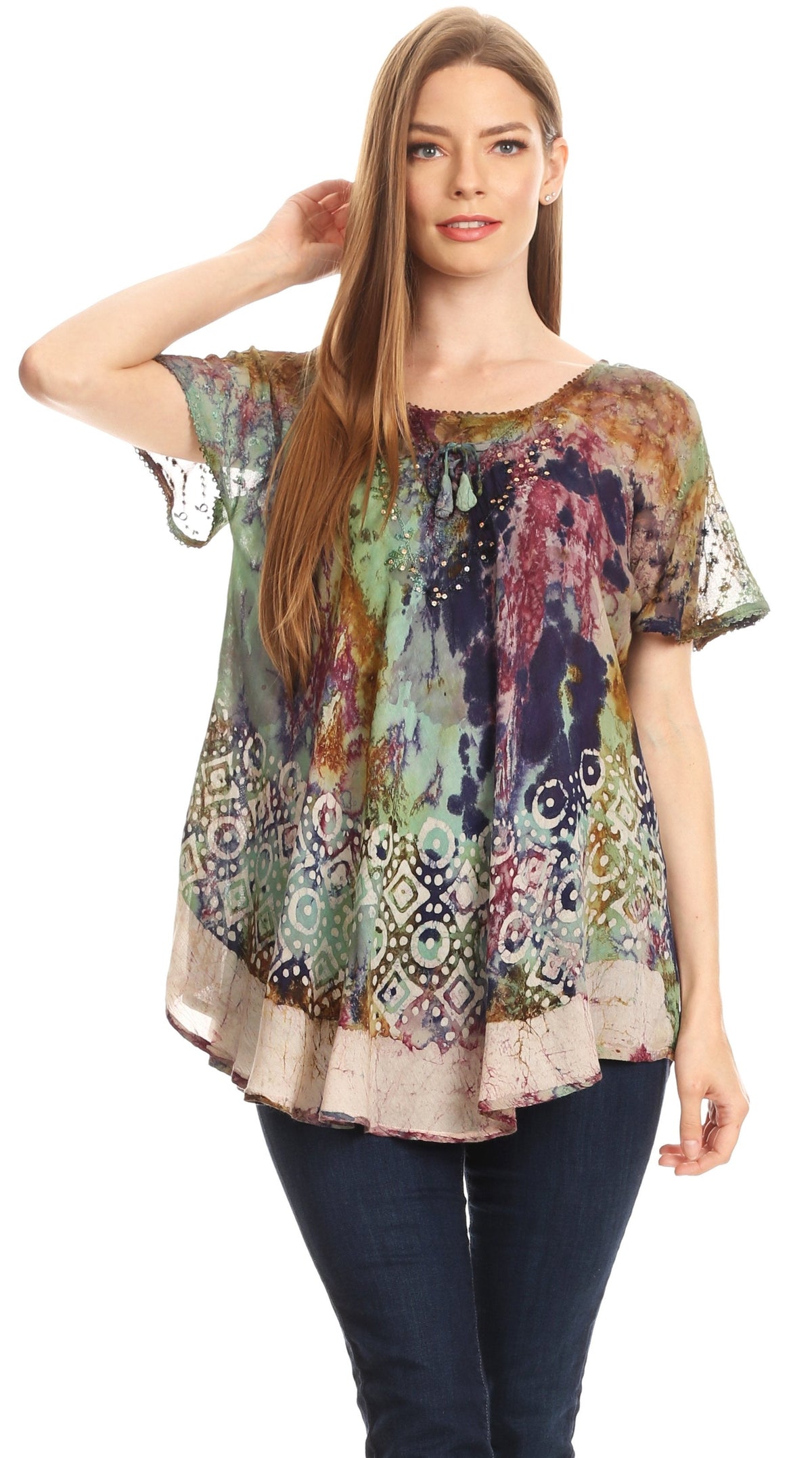Sakkas Sara Blusa de Manga Corta Estilo Campesino Fluida para Mujer con Bordado Tie-Dye Batik