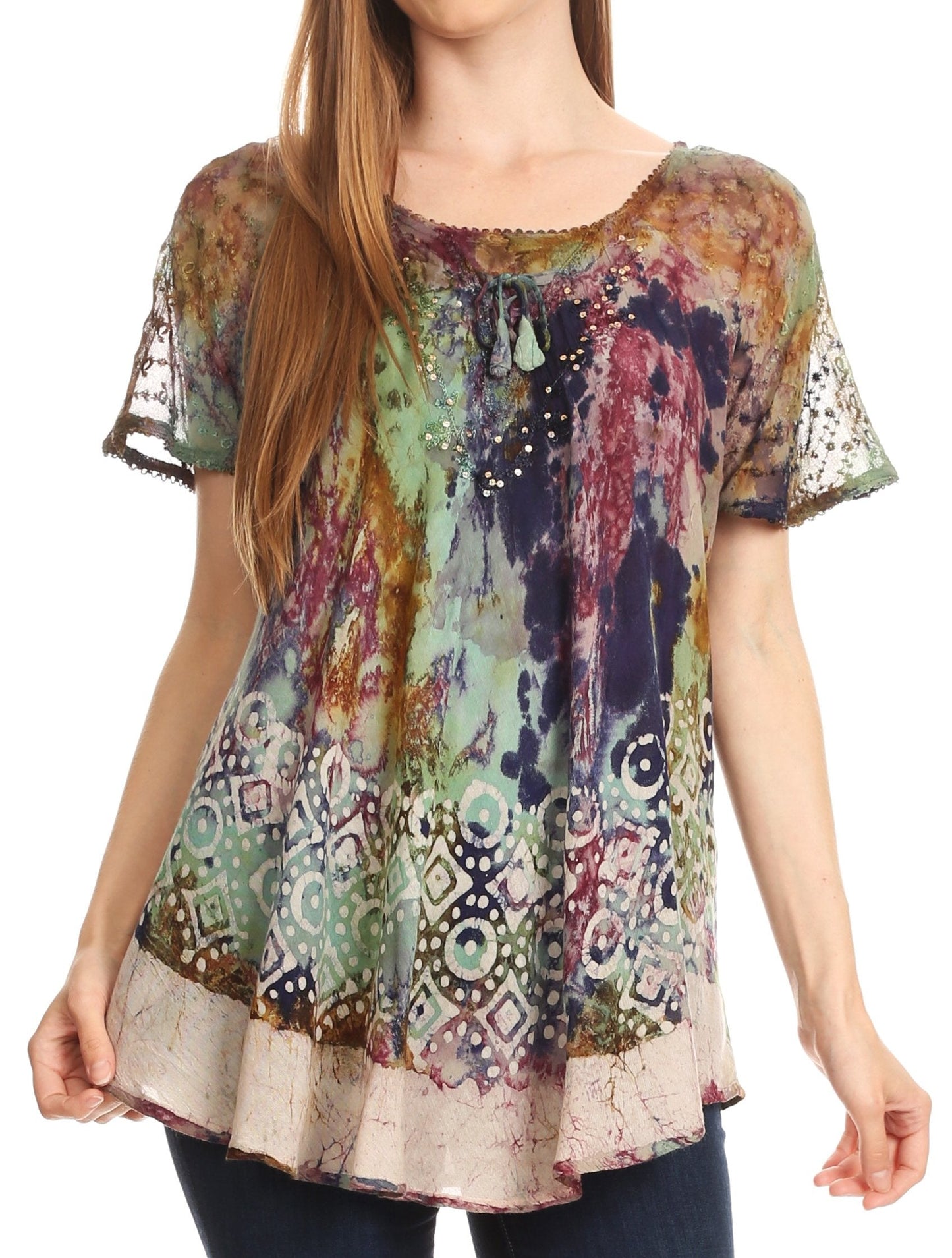 Sakkas Sara Blusa de Manga Corta Estilo Campesino Fluida para Mujer con Bordado Tie-Dye Batik
