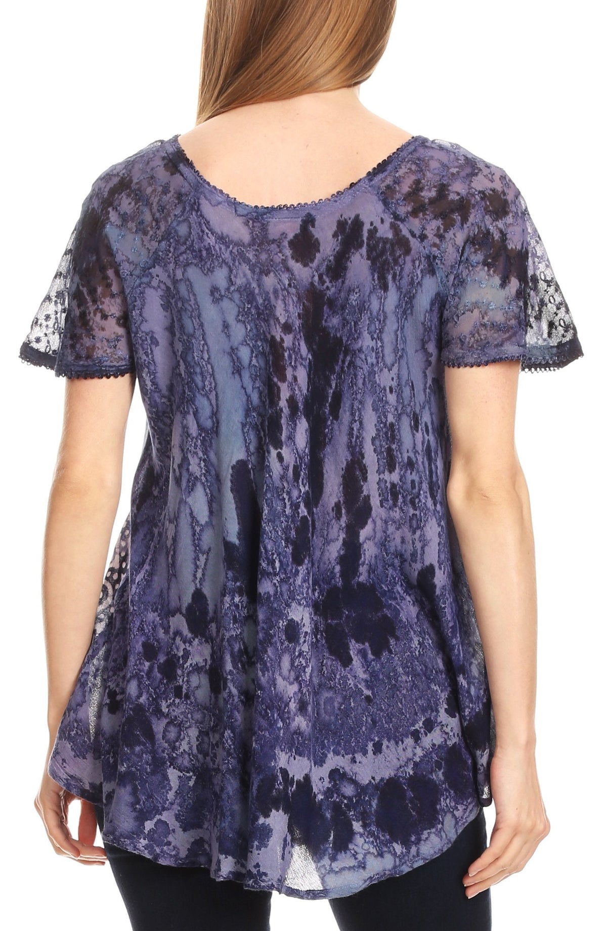 Sakkas Sara Blusa de Manga Corta Estilo Campesino Fluida para Mujer con Bordado Tie-Dye Batik