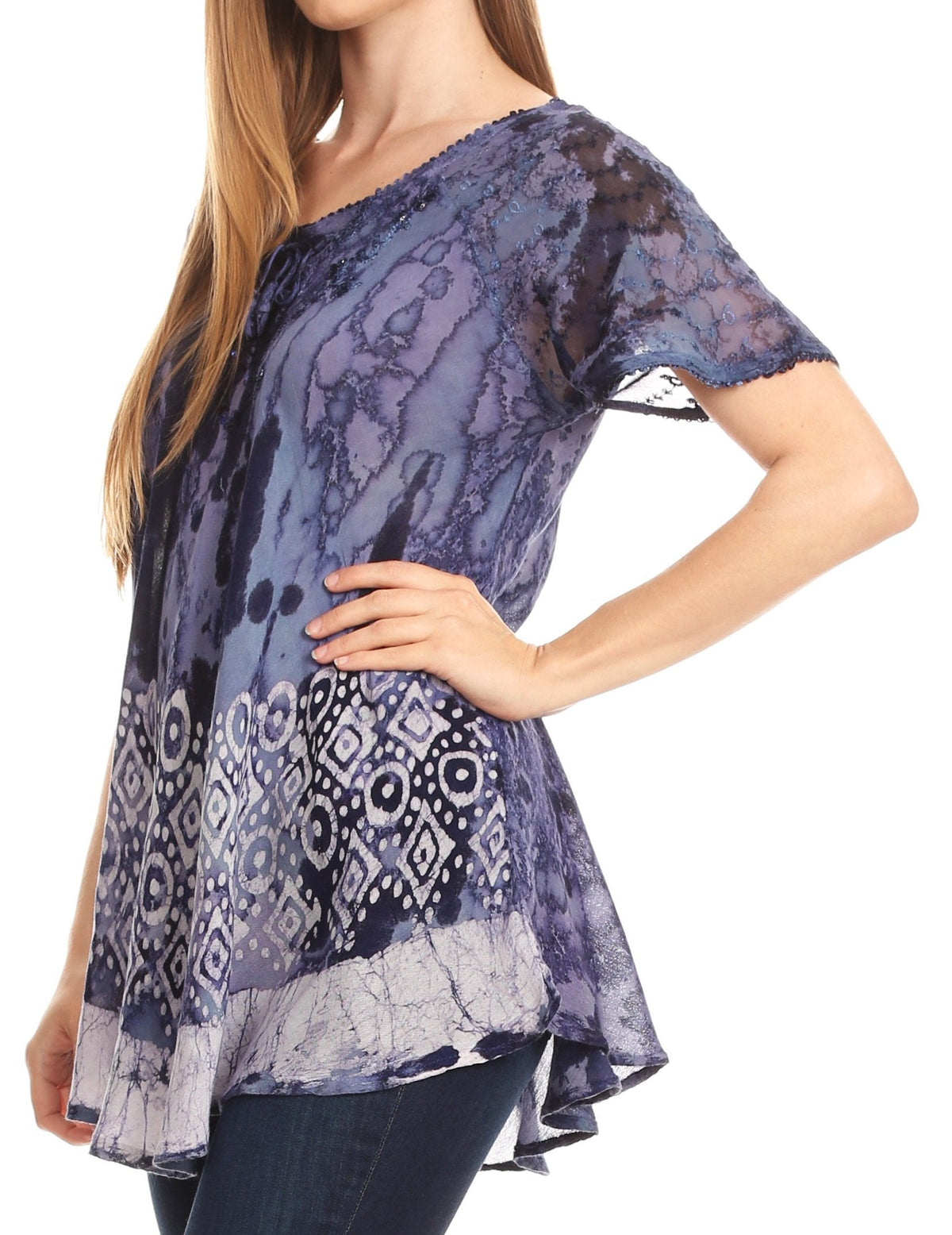 Sakkas Sara Blusa de Manga Corta Estilo Campesino Fluida para Mujer con Bordado Tie-Dye Batik