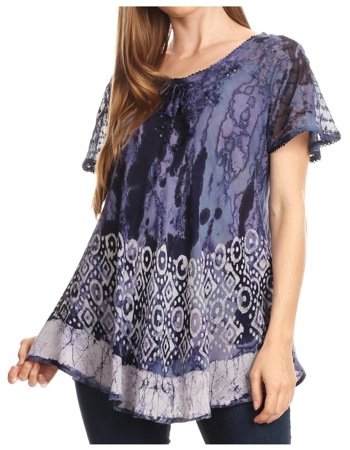Sakkas Sara Blusa de Manga Corta Estilo Campesino Fluida para Mujer con Bordado Tie-Dye Batik