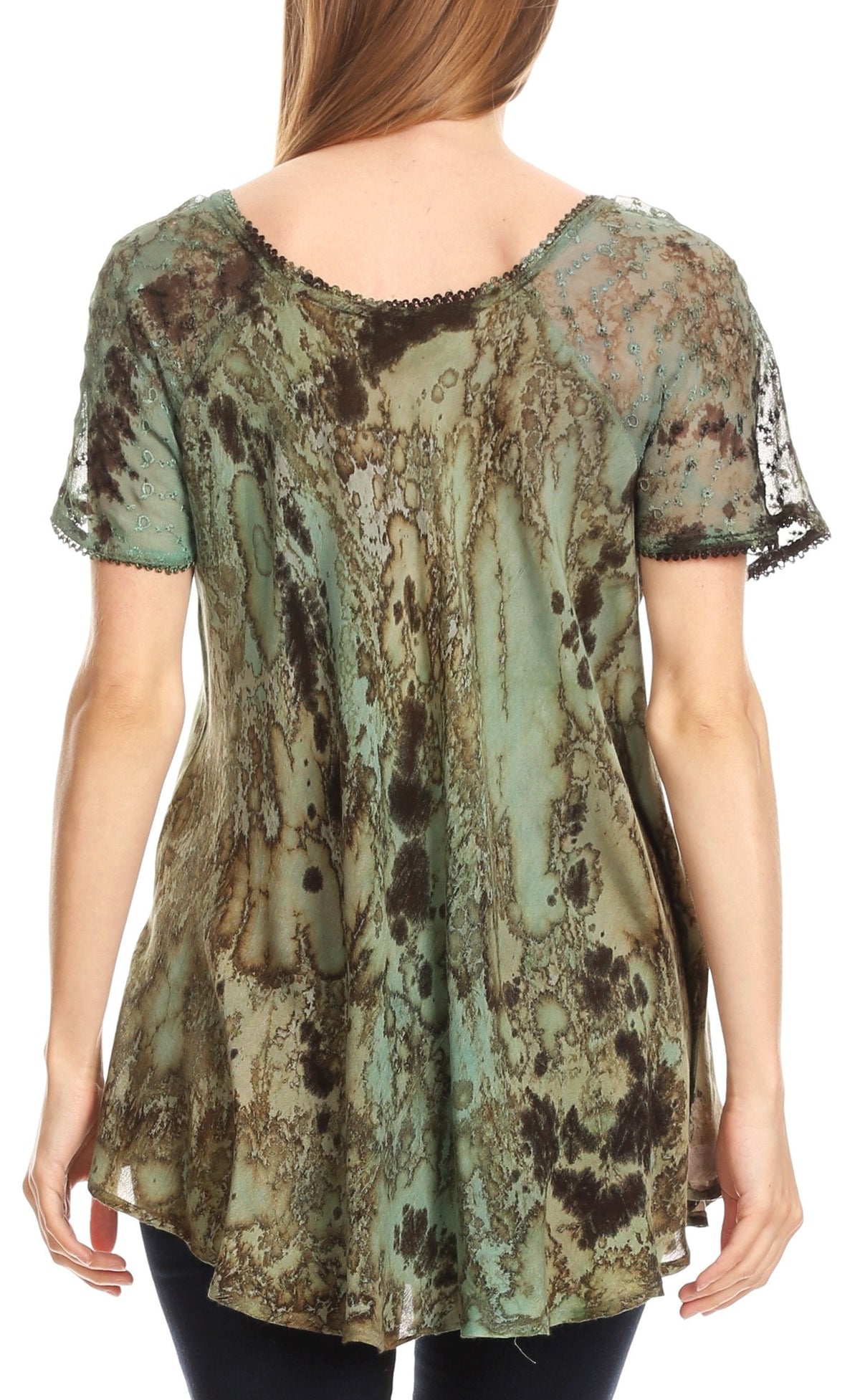 Sakkas Sara Blusa de Manga Corta Estilo Campesino Fluida para Mujer con Bordado Tie-Dye Batik