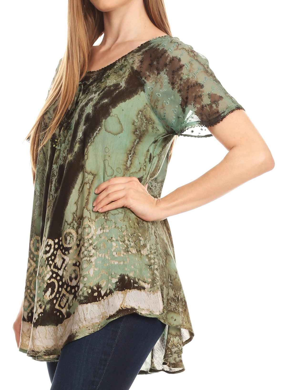 Sakkas Sara Blusa de Manga Corta Estilo Campesino Fluida para Mujer con Bordado Tie-Dye Batik