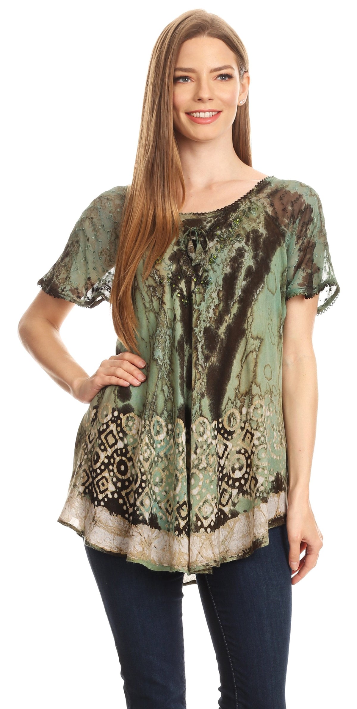 Sakkas Sara Blusa de Manga Corta Estilo Campesino Fluida para Mujer con Bordado Tie-Dye Batik