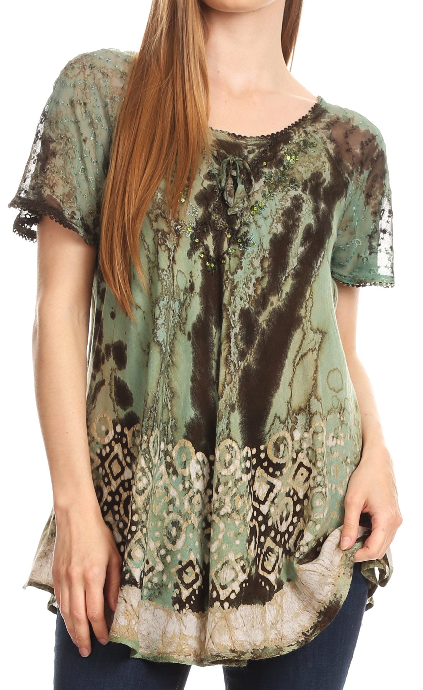 Sakkas Sara Blusa de Manga Corta Estilo Campesino Fluida para Mujer con Bordado Tie-Dye Batik
