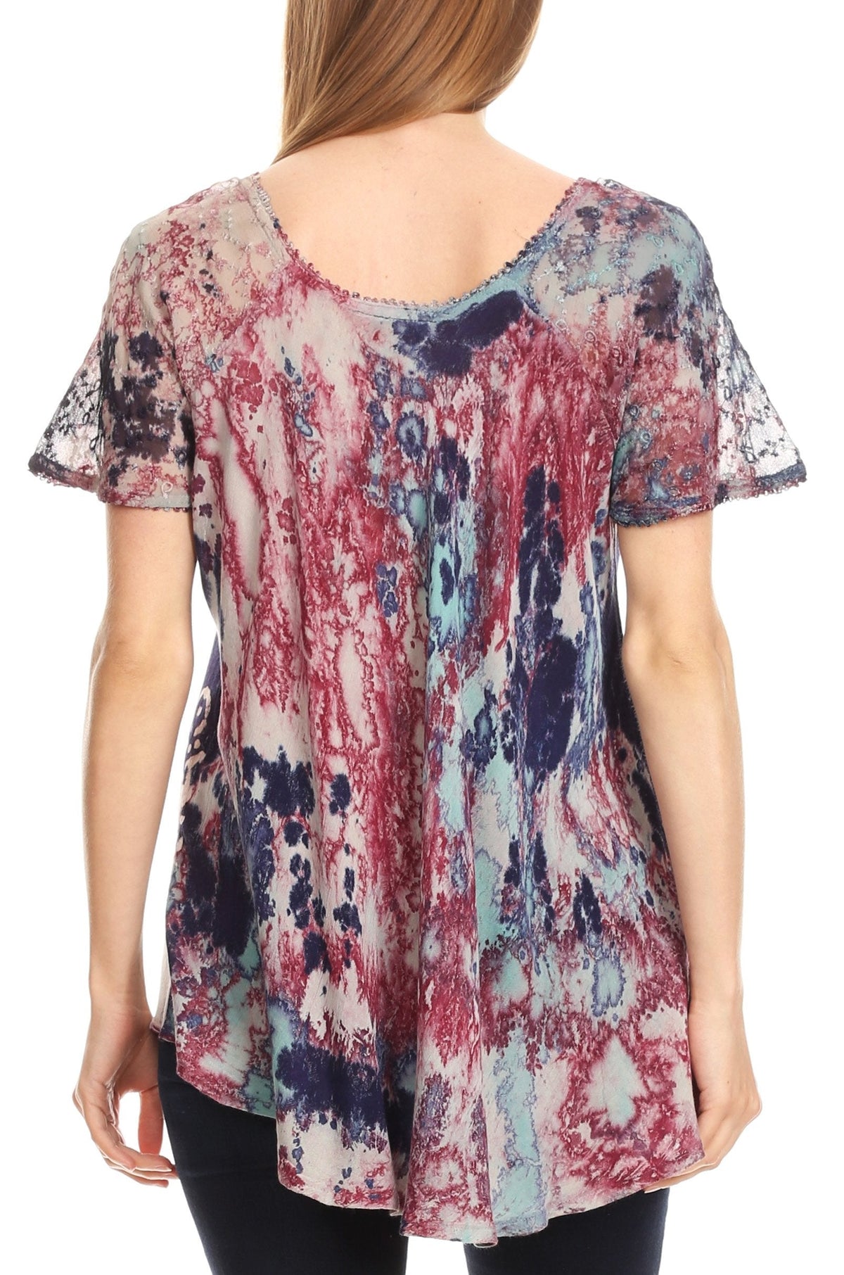 Sakkas Sara Blusa de Manga Corta Estilo Campesino Fluida para Mujer con Bordado Tie-Dye Batik