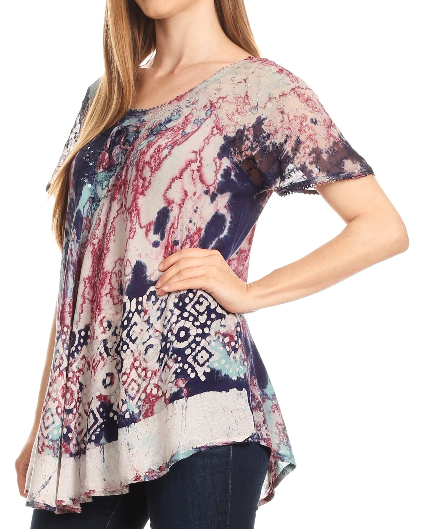 Sakkas Sara Blusa de Manga Corta Estilo Campesino Fluida para Mujer con Bordado Tie-Dye Batik