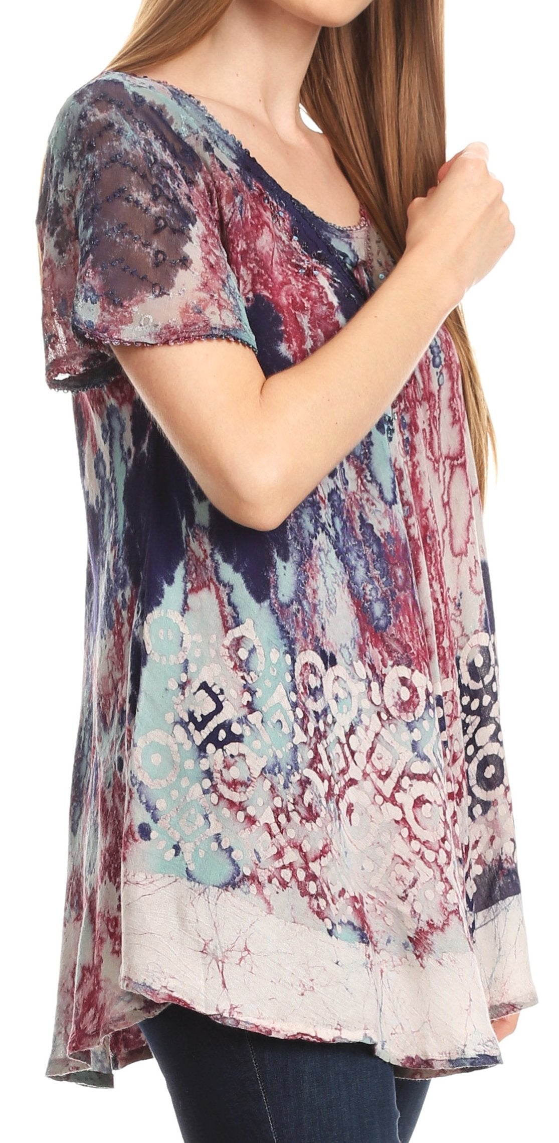 Sakkas Sara Blusa de Manga Corta Estilo Campesino Fluida para Mujer con Bordado Tie-Dye Batik