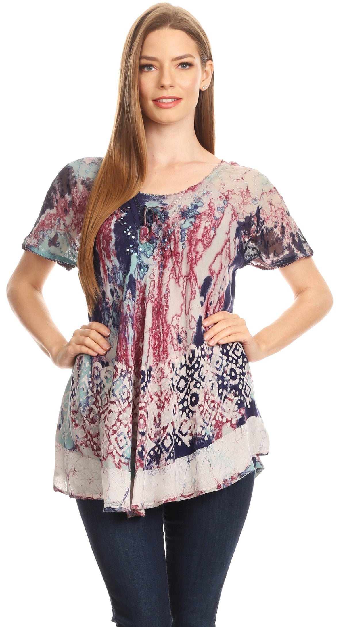 Sakkas Sara Blusa de Manga Corta Estilo Campesino Fluida para Mujer con Bordado Tie-Dye Batik