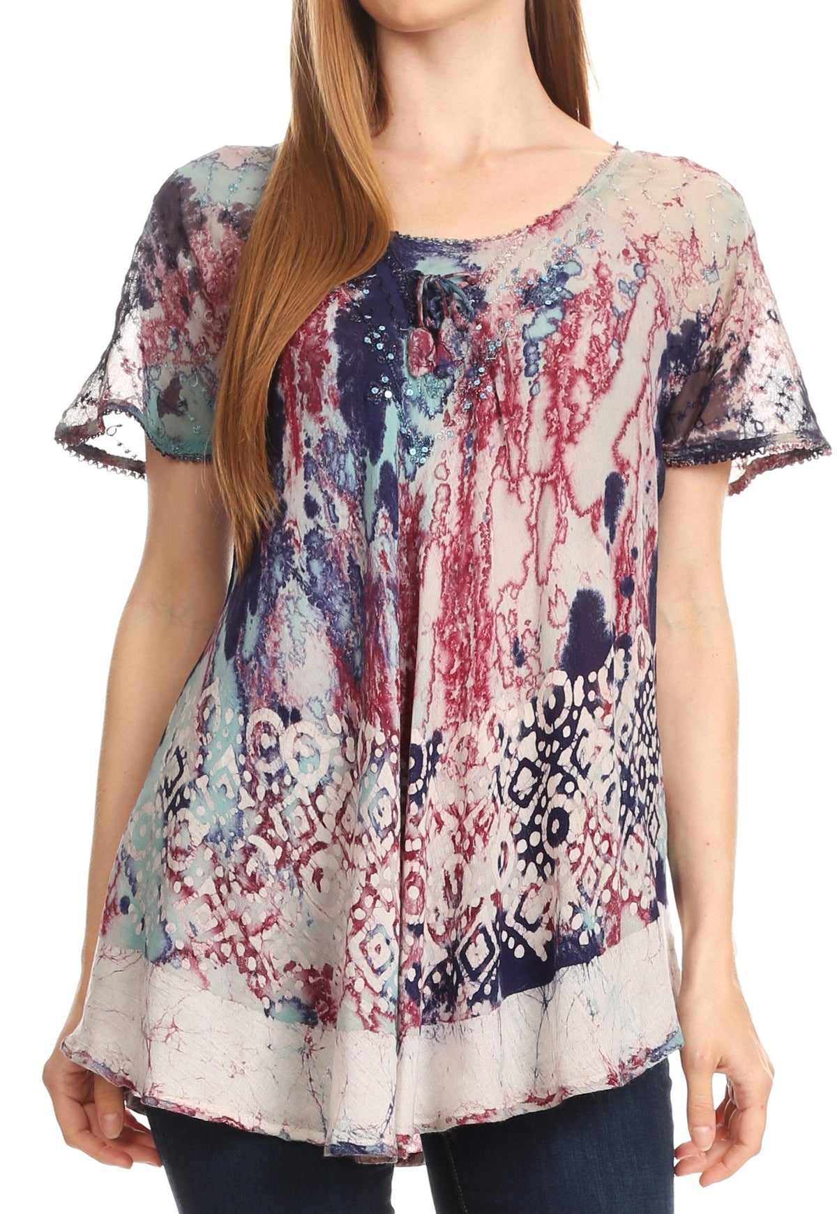 Sakkas Sara Blusa de Manga Corta Estilo Campesino Fluida para Mujer con Bordado Tie-Dye Batik