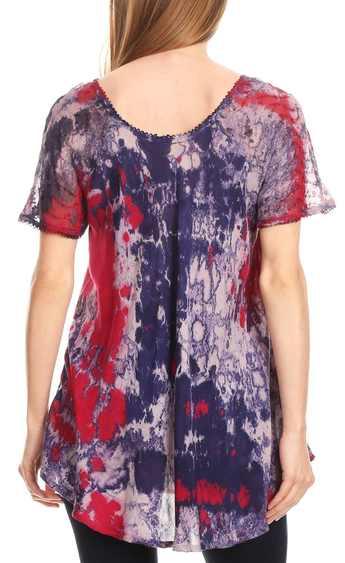 Sakkas Sara Blusa de Manga Corta Estilo Campesino Fluida para Mujer con Bordado Tie-Dye Batik