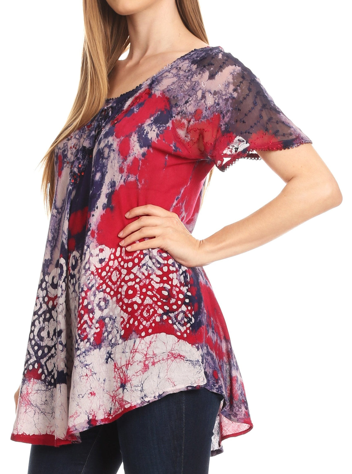 Sakkas Sara Blusa de Manga Corta Estilo Campesino Fluida para Mujer con Bordado Tie-Dye Batik