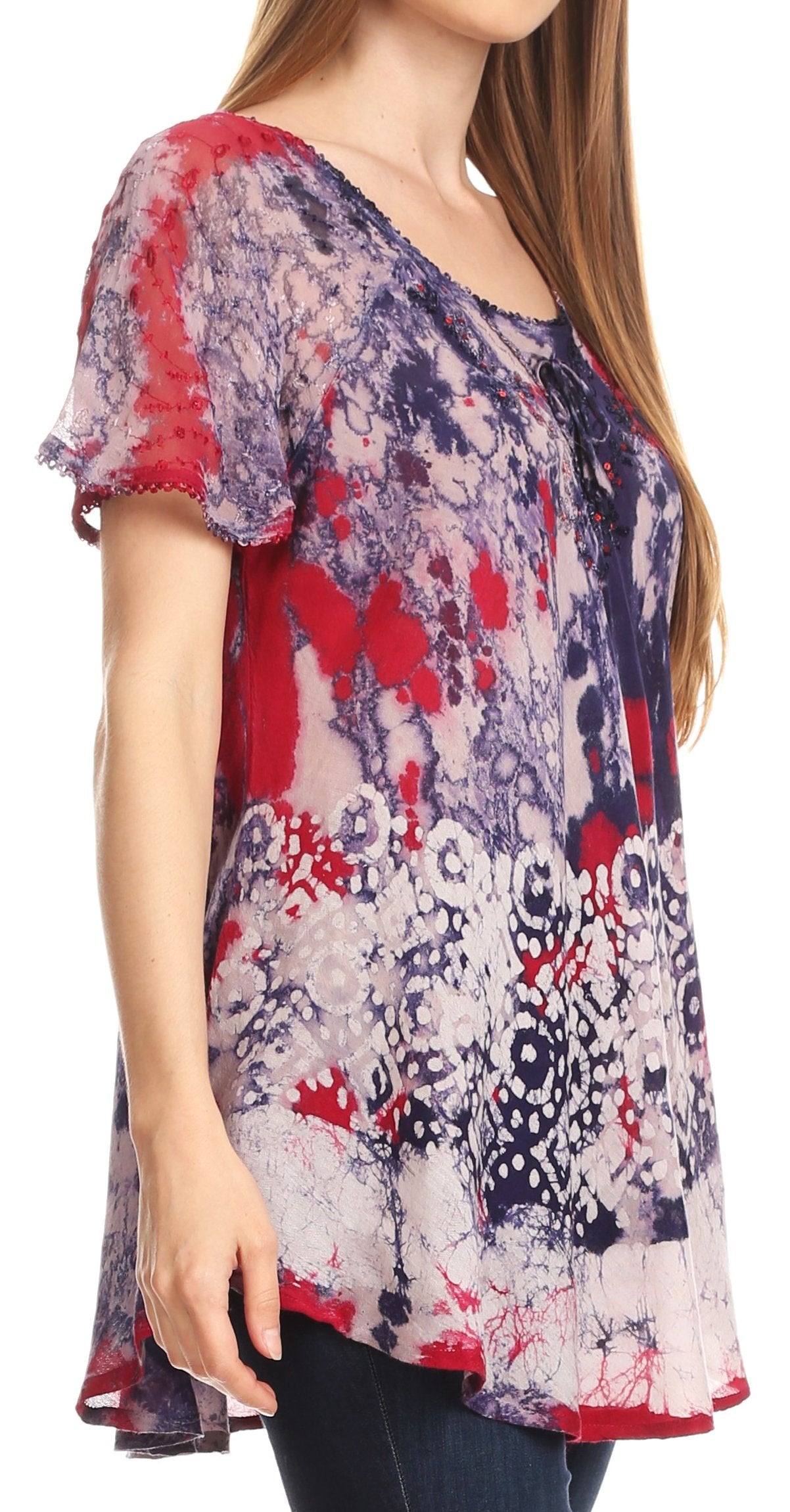 Sakkas Sara Blusa de Manga Corta Estilo Campesino Fluida para Mujer con Bordado Tie-Dye Batik