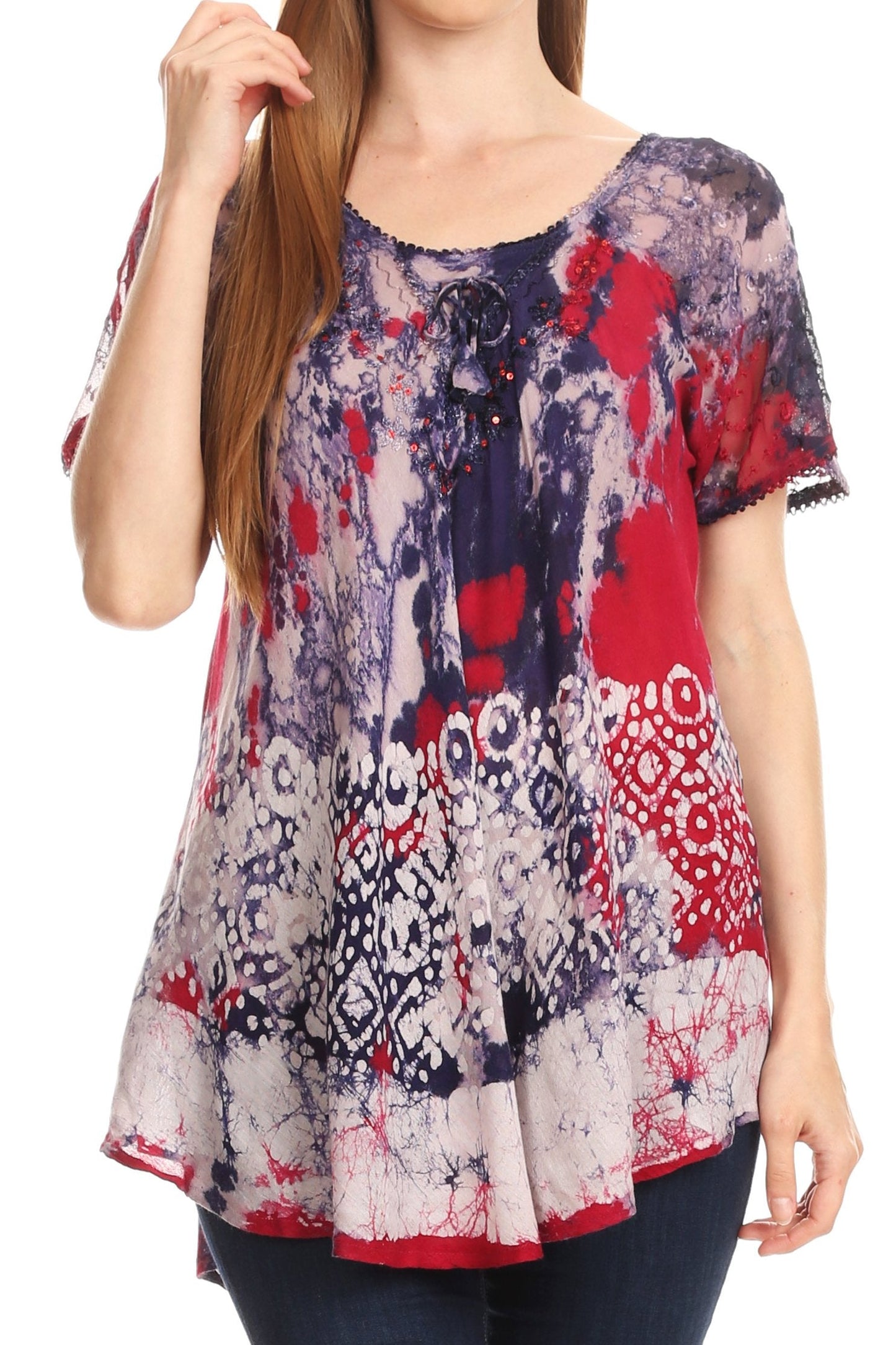 Sakkas Sara Blusa de Manga Corta Estilo Campesino Fluida para Mujer con Bordado Tie-Dye Batik