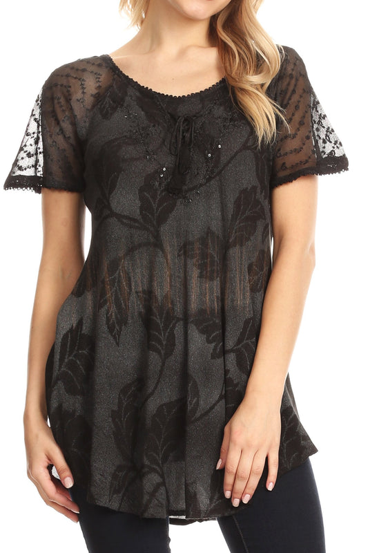 Blusa top de verano informal de manga corta Parisa de Sakkas con corsé y bordados