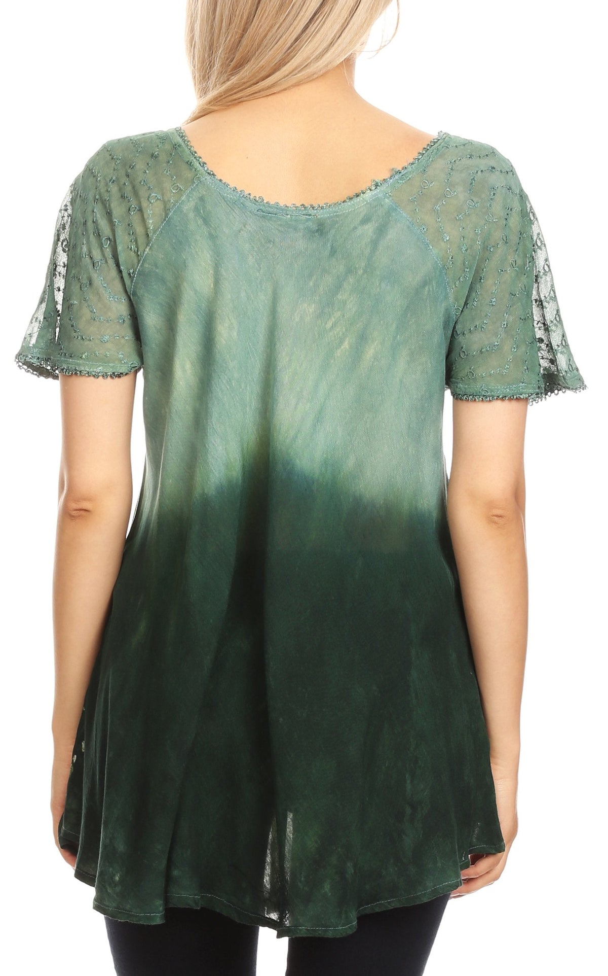 Sakkas Magda Womens Short Sleeve Flare Bohemian Blouse Top Lace Batik Printed
