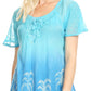 Sakkas Magda Womens Short Sleeve Flare Bohemian Blouse Top Lace Batik Printed
