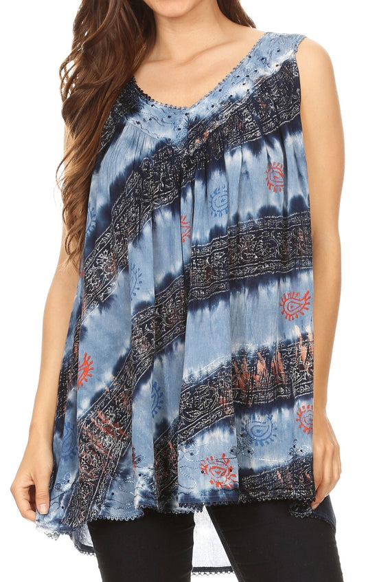 Sakkas Aria - Blusa sin mangas para mujer, con cuello en V, tie-dye con lentejuelas y bordado