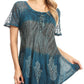 Sakkas Lily Casual Everyday Summer Short Sleeve Top Blouse with Block Print & Lace